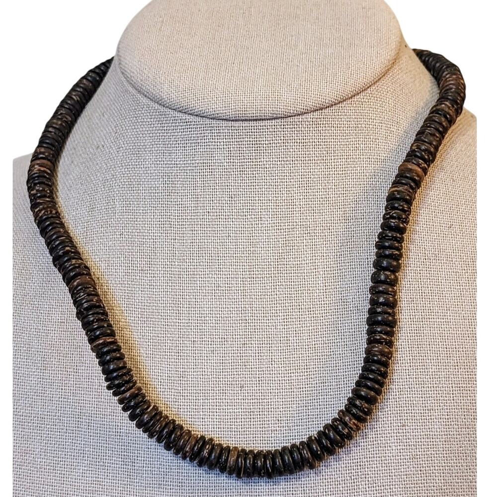 Vintage Brown Coconut Wood Bead Barrel Clasp 18.5" Necklace